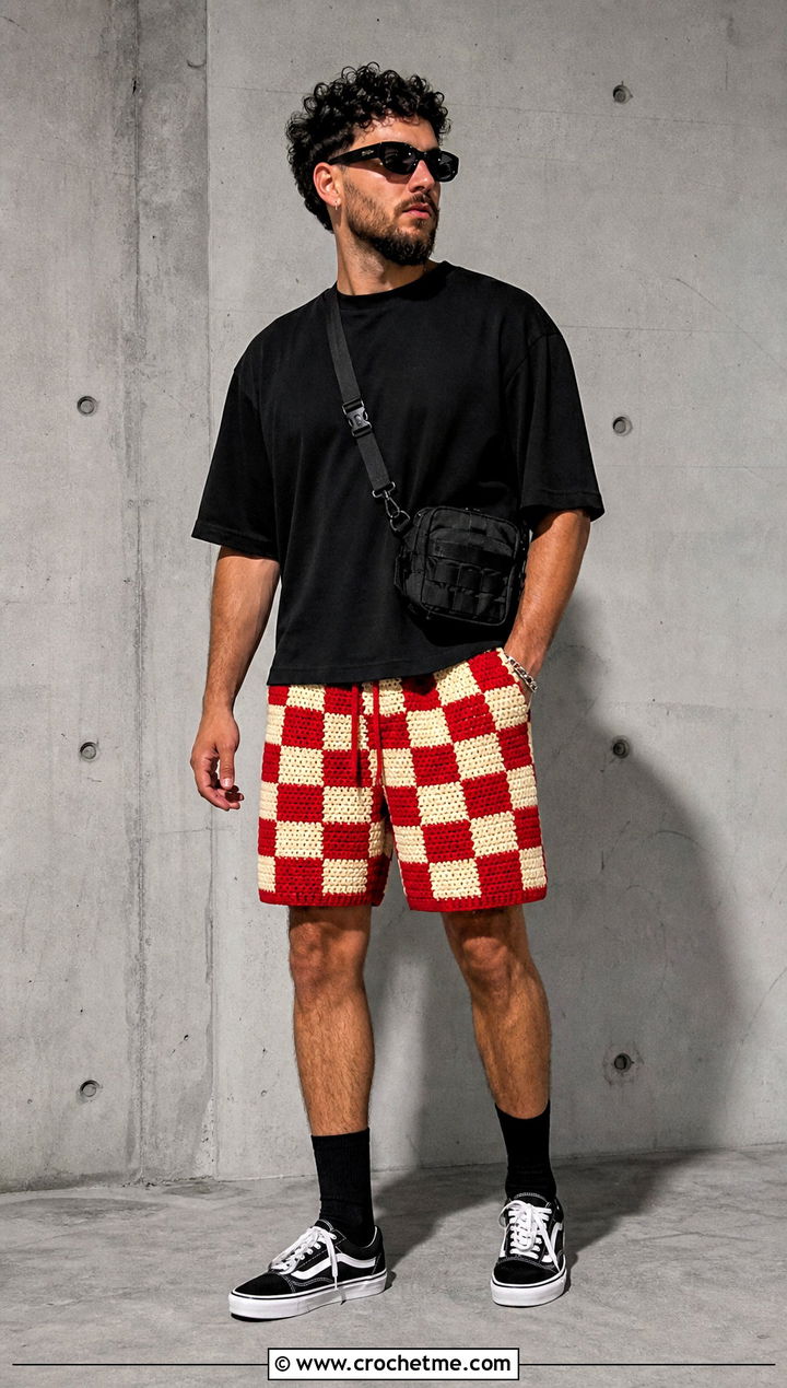 Checkerboard Crochet Shorts With Black T Shirt - 25 Crochet Shorts Mens outfit ideas