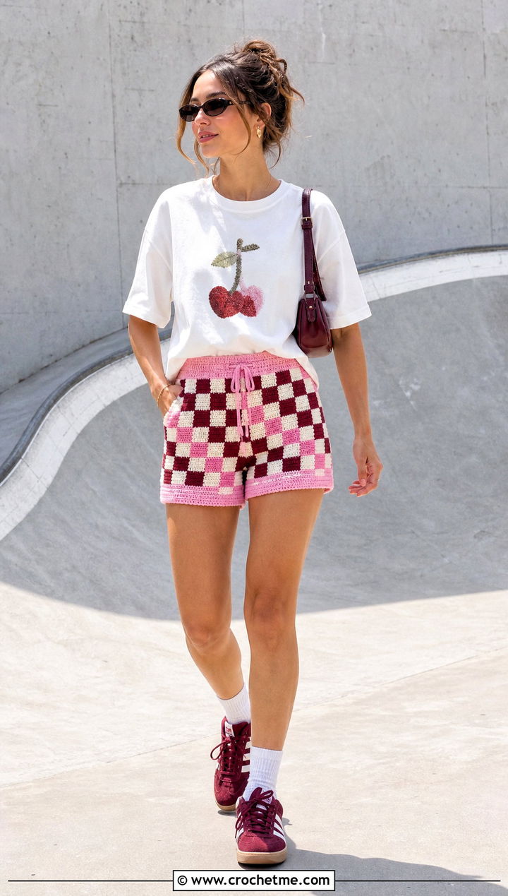 Checkerboard Crochet Shorts With Graphic Tee - 30 crochet baggy shorts outfit ideas