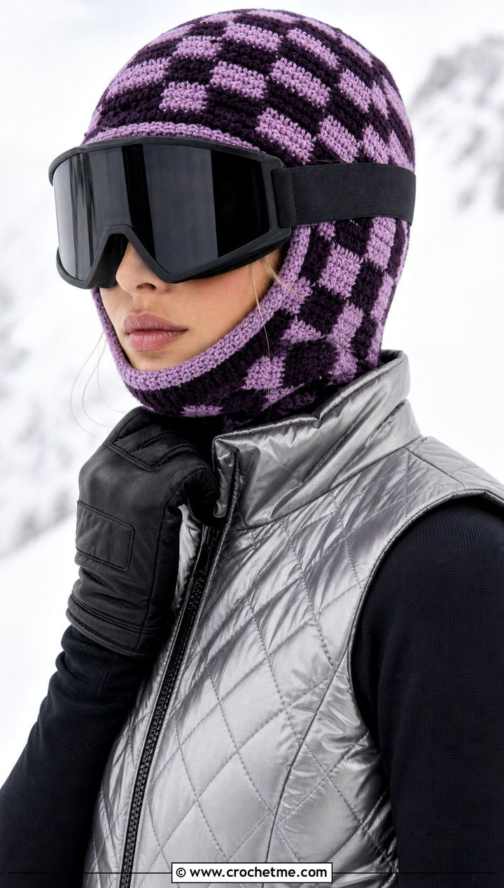 Checkerboard Crochet Ski Helmet Balaclava With Quilted Vest - 15 crochet ski helmet balaclava outfit ideas