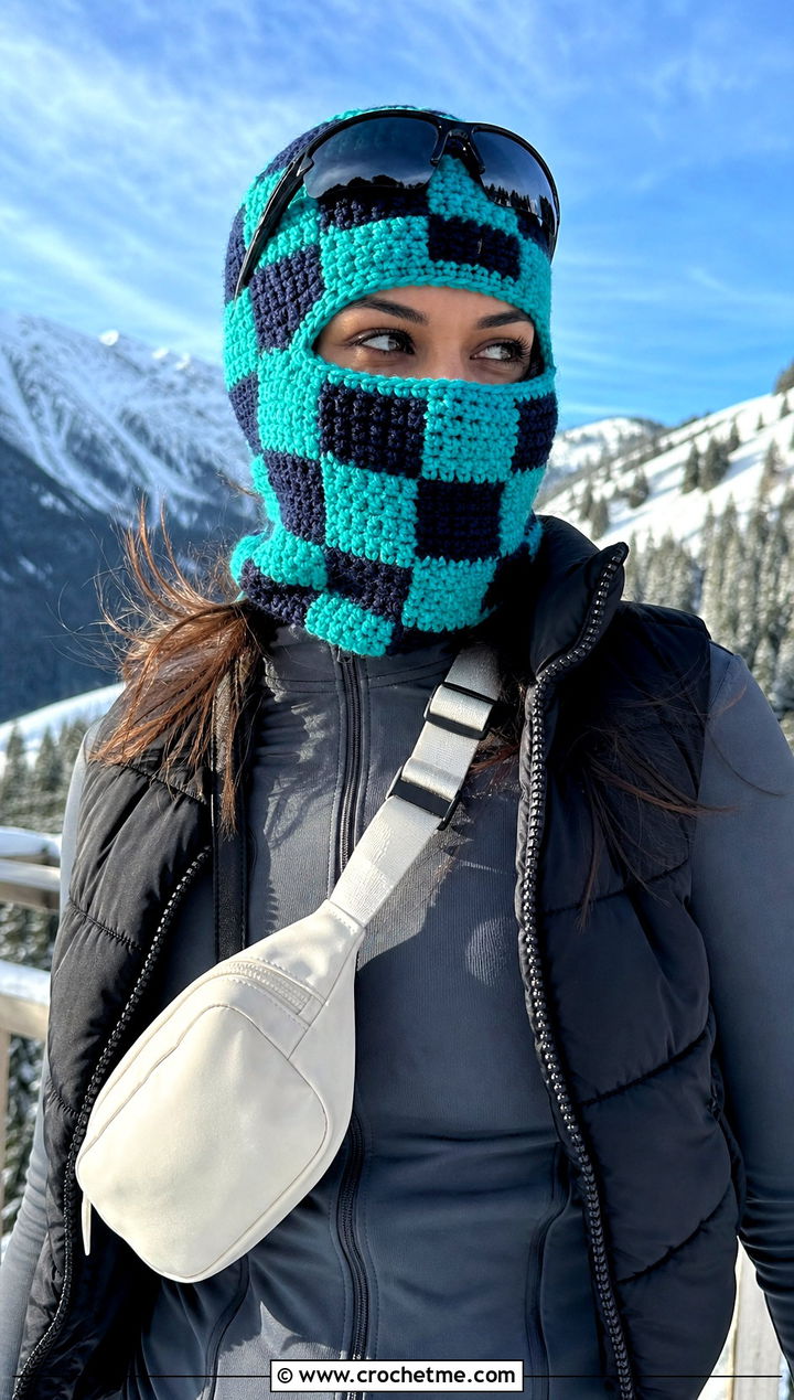 Checkerboard Crochet Ski Mask With Tracksuit - 20 crochet balaclava ski mask outfit ideas