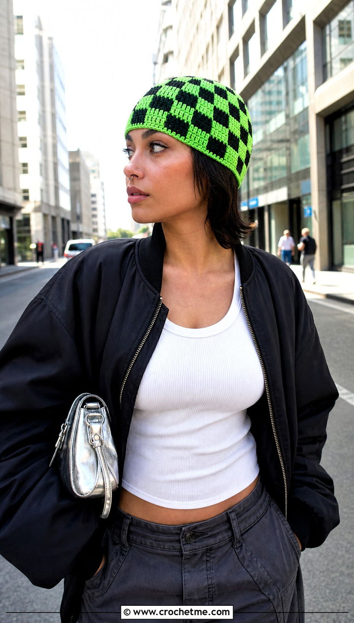 Checkerboard Crochet Skull Cap With Bomber Jacket And Cargo Pants - 20 flat crochet hat outfit ideas