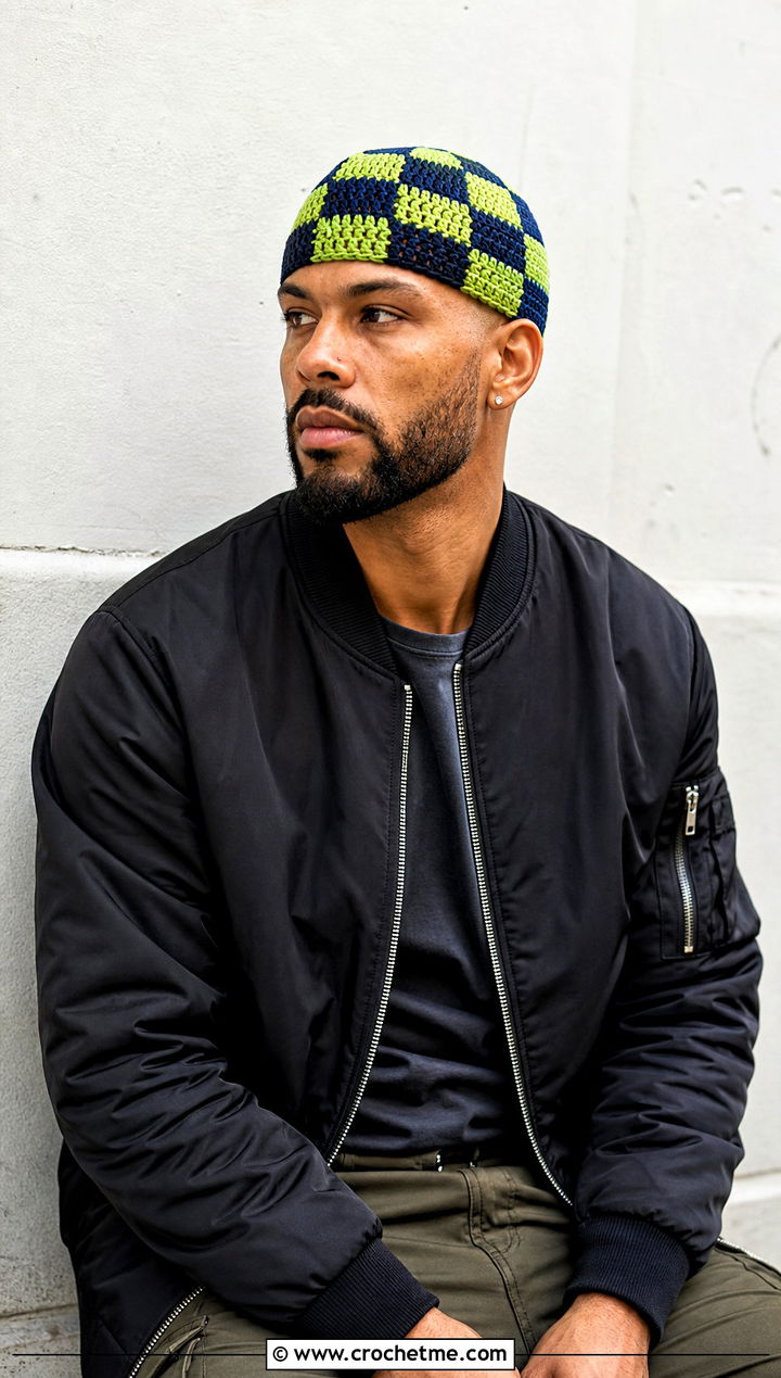 Checkerboard Crochet Skull Cap With Bomber Jacket And Cargo Pants - 25 Crochet Skull Cap For Men outfit ideas