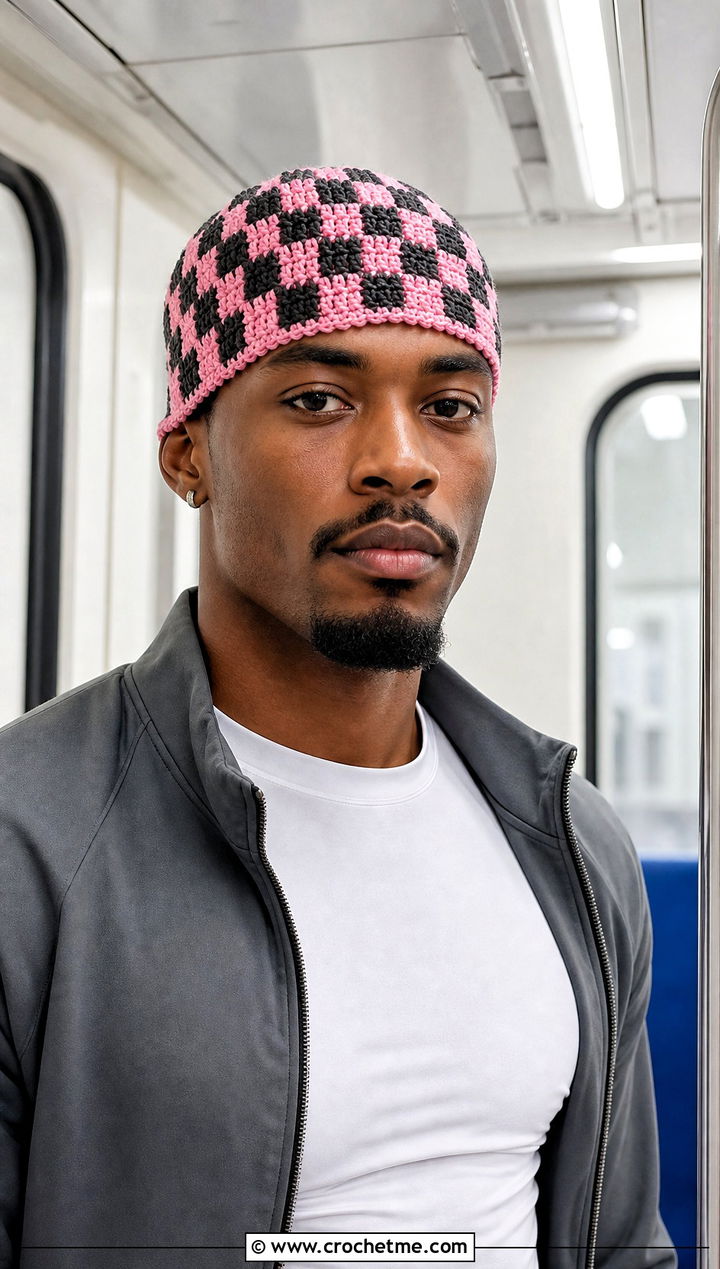 Checkerboard Crochet Skull Cap With Tracksuit - 25 Mens Crochet Skull Cap outfit ideas