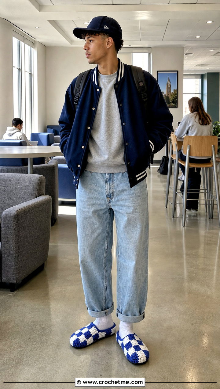 Checkerboard Crochet Slippers With Varsity Jacket and Jeans - 35 mens crochet slippers outfit ideas