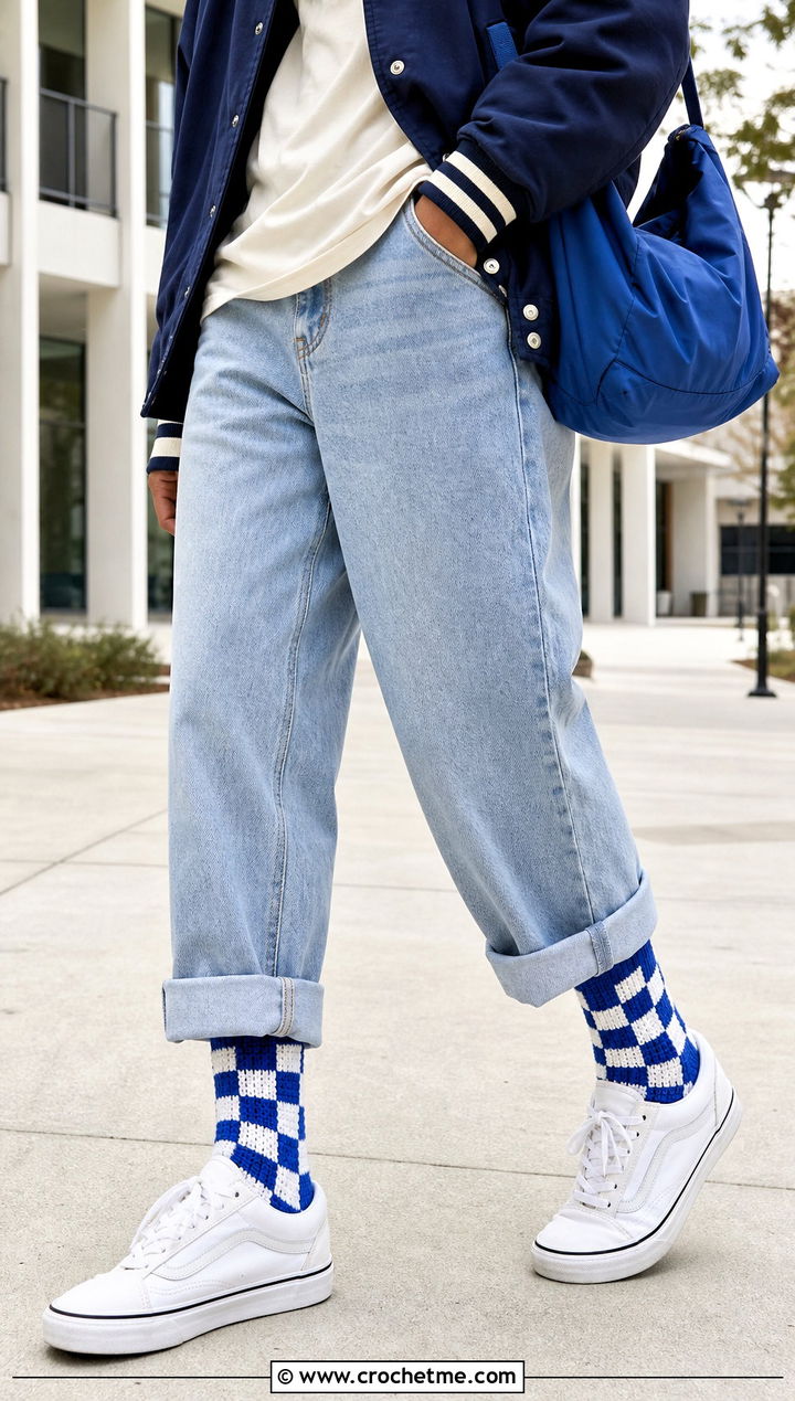 Checkerboard Crochet Socks With Varsity Jacket And Loose Jeans - 25 men's crochet socks outfit ideas