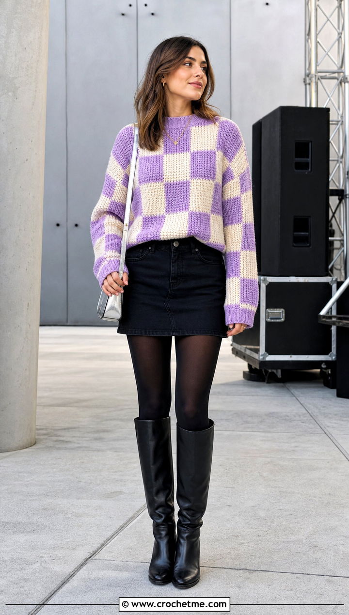 Checkerboard Crochet Square Sweater With Black Mini Skirt - 25 Square Crochet Sweater outfit ideas