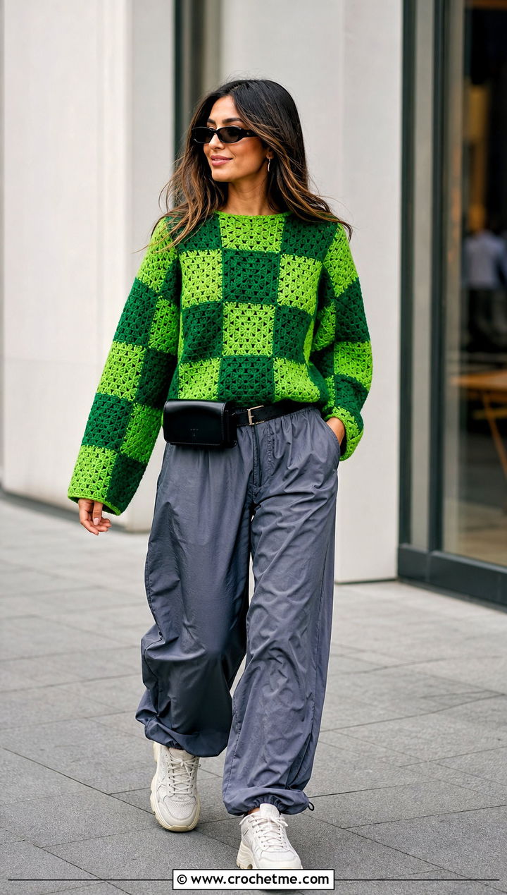 Checkerboard Crochet Square Sweater With Parachute Pants - 35 Crochet Square Sweater outfit ideas