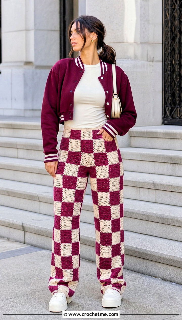 Checkerboard Crochet Stacked Pants With Varsity Jacket - 25 Crochet Stacked Pants outfit ideas