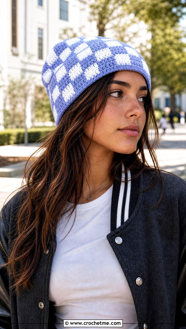 Checkerboard Crochet Stocking Cap With Varsity Jacket - 30 crochet stocking cap outfit ideas