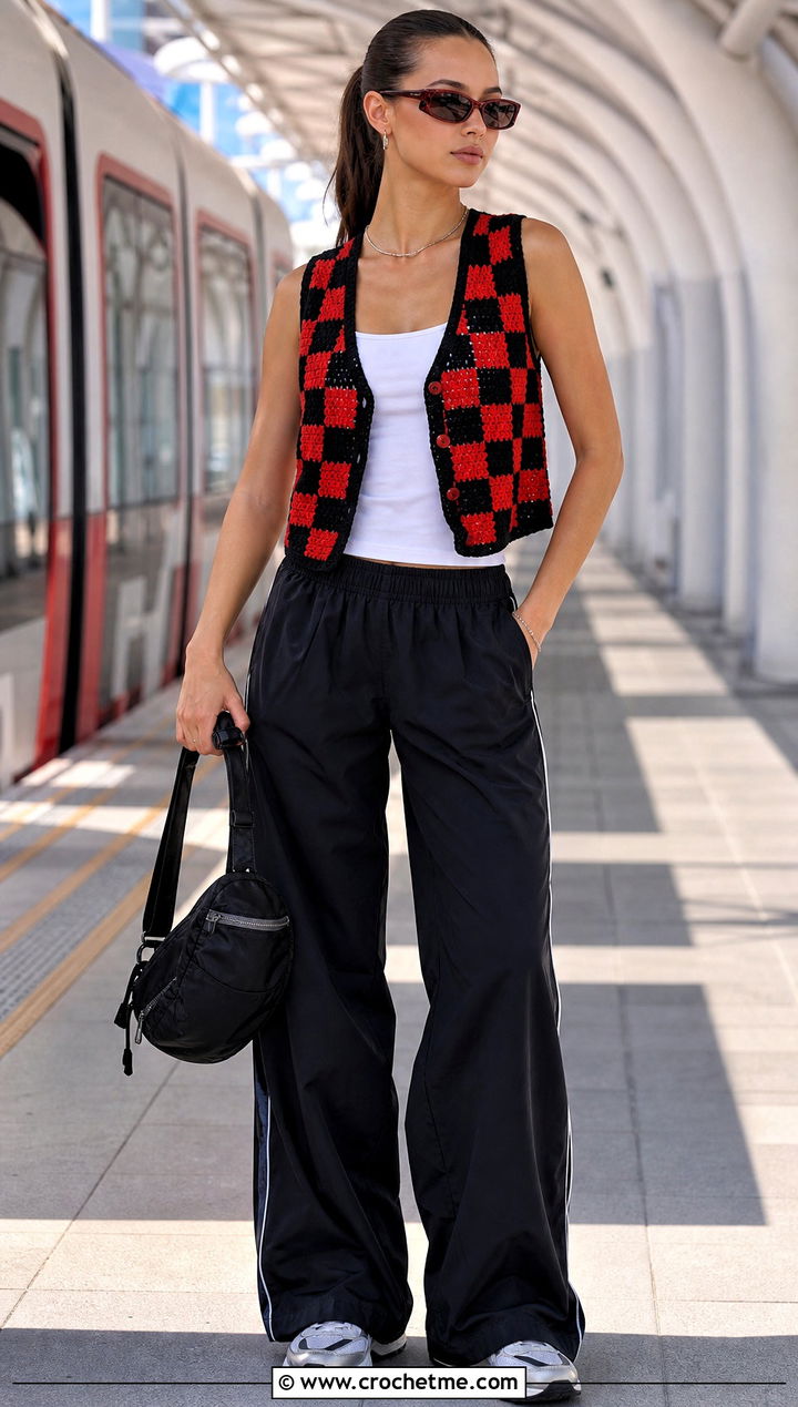 Checkerboard Crochet Summer Vest With Track Pants - 35 Crochet Summer Vest outfit ideas
