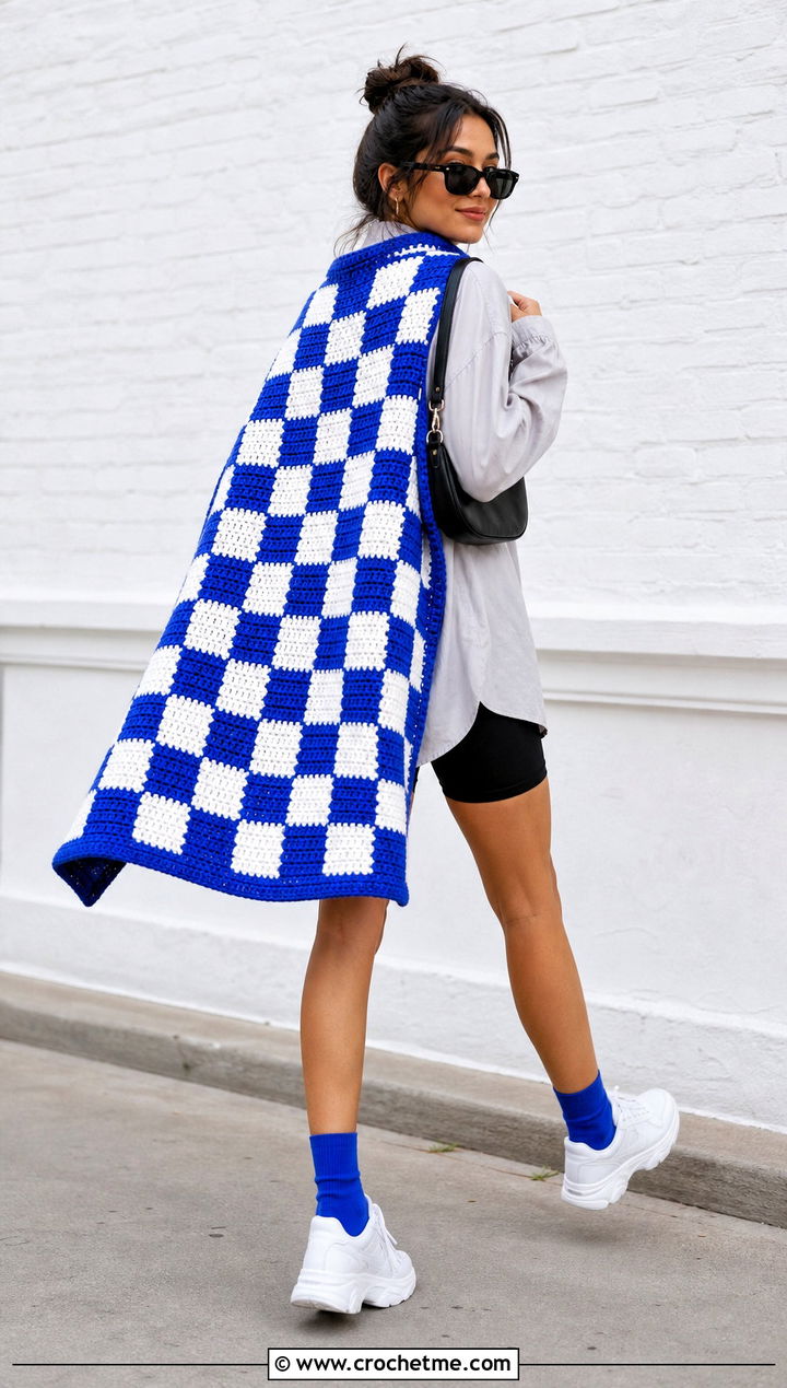 Checkerboard Crochet Super Hero Cape With Biker Shorts - 25 Crochet Super Hero Cape outfit ideas