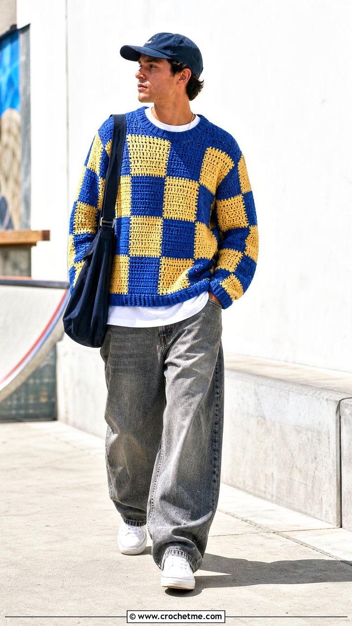 Checkerboard Crochet Sweater With Baggy Jeans - 35 men crochet sweater outfit ideas
