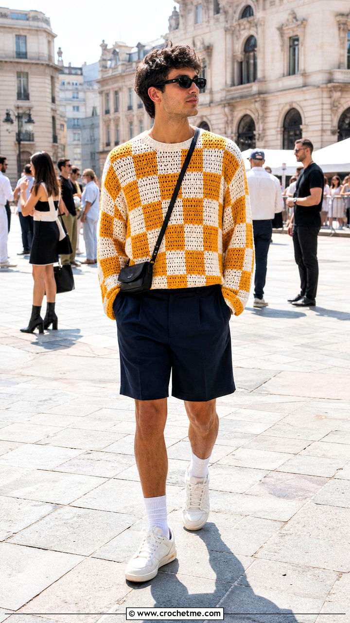 Checkerboard Crochet Sweater With Bermuda Shorts - 35 crochet sweater for men outfit ideas