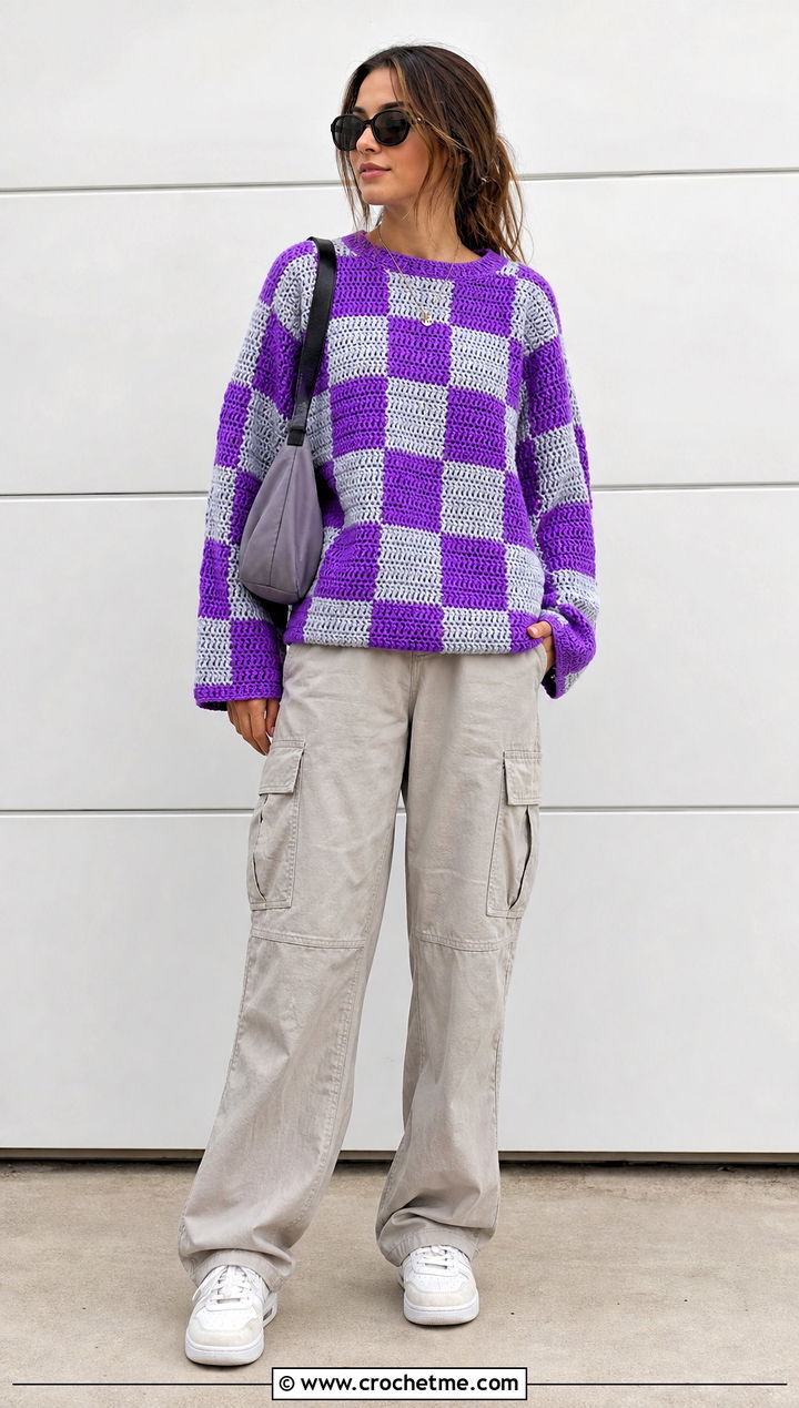 Checkerboard Crochet Sweater With Cargo Pants - 15 crochet sweater with geometric outfit ideas