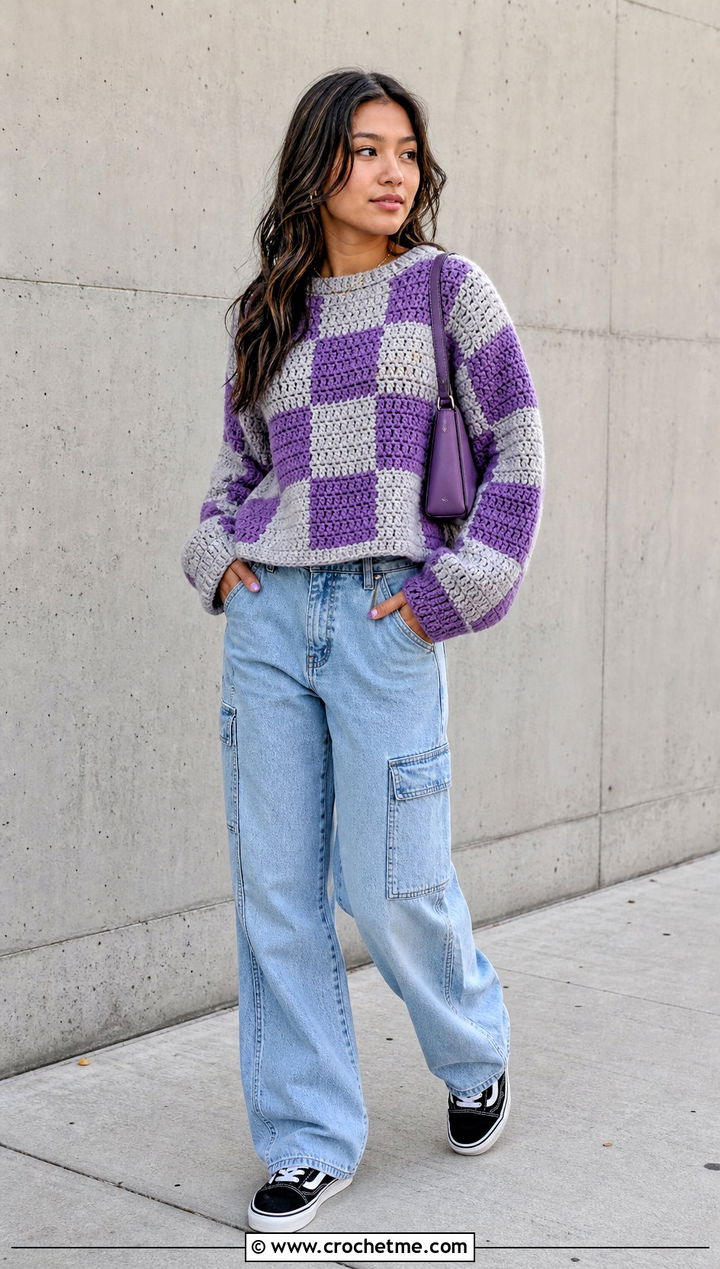 Checkerboard Crochet Sweater With Carpenter Jeans - 25 chunky yarn crochet sweater outfit ideas