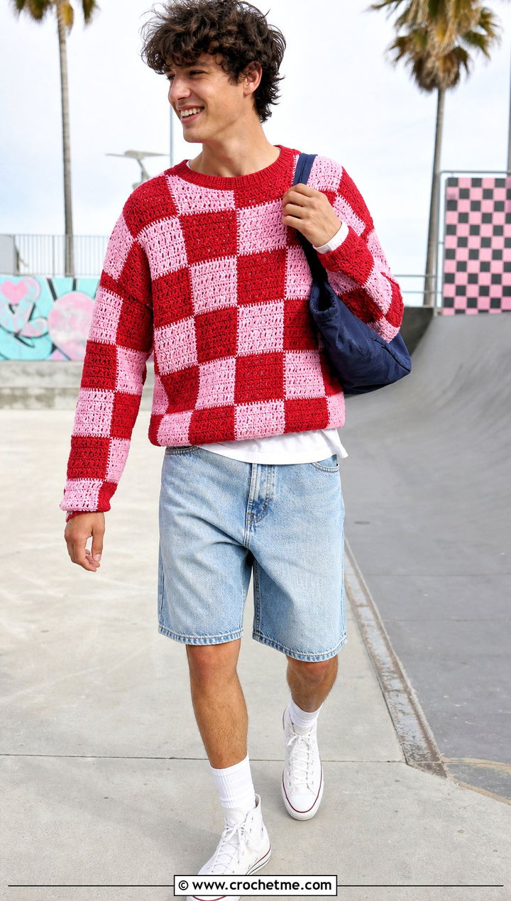 Checkerboard Crochet Sweater With Denim Shorts - 35 crochet man sweaters outfit ideas