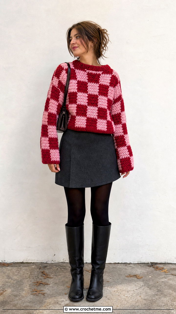 Checkerboard Crochet Sweater With Mini Skirt And Tights - 35 crochet sweater design for women outfit ideas