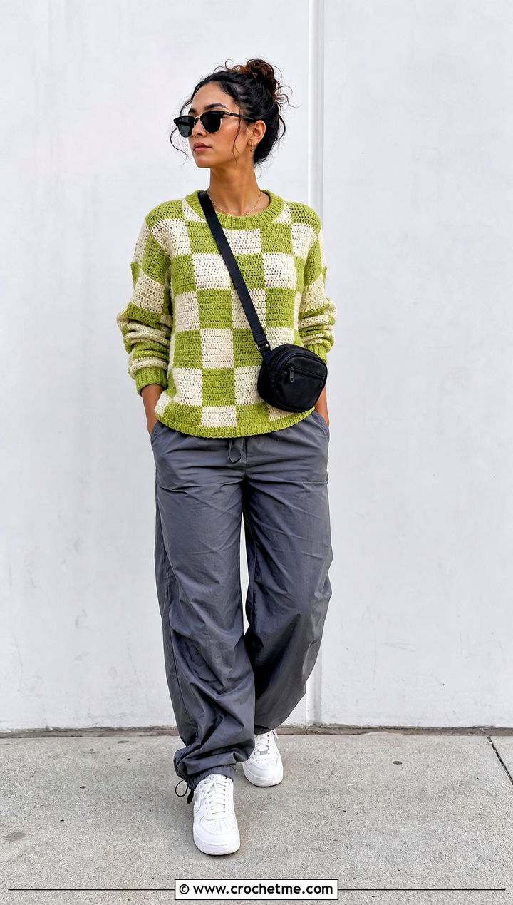 Checkerboard Crochet Sweater With Parachute Pants - 25 vintage crochet sweater outfit ideas