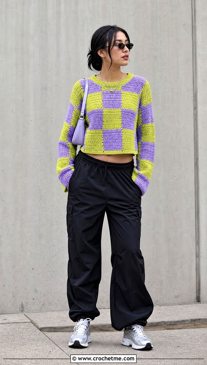 Checkerboard Crochet Sweater With Parachute Pants - 25 Colorful Crochet Sweater Ideas