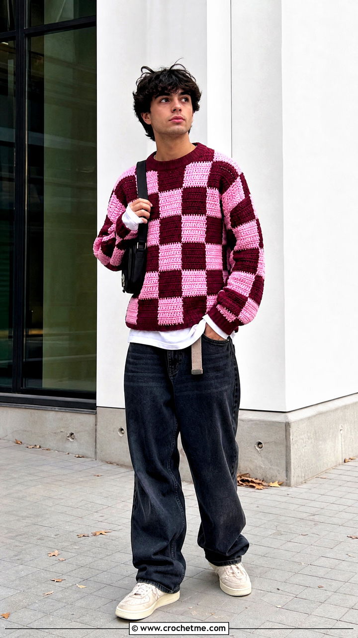 Checkerboard Crochet Sweater With Skate Jeans - 35 crochet mens sweater outfit ideas