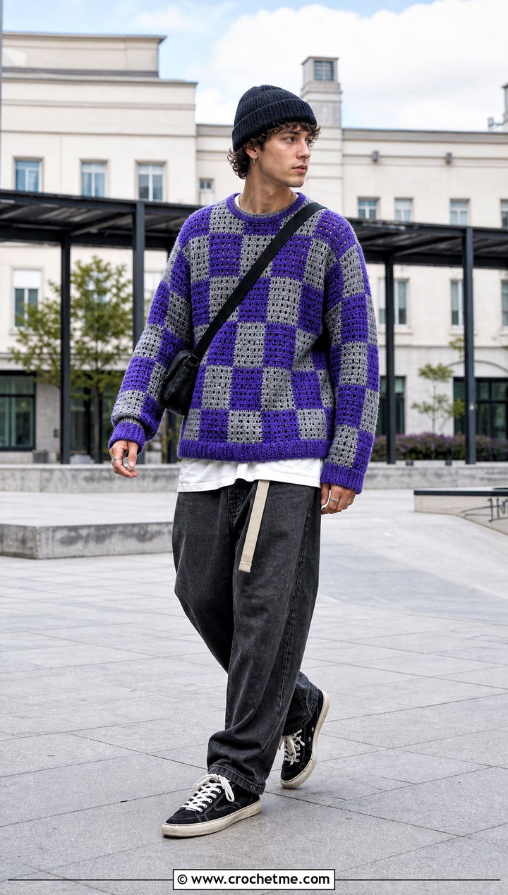 Checkerboard Crochet Sweater With Skate Pants - 35 men's crochet sweater ideas