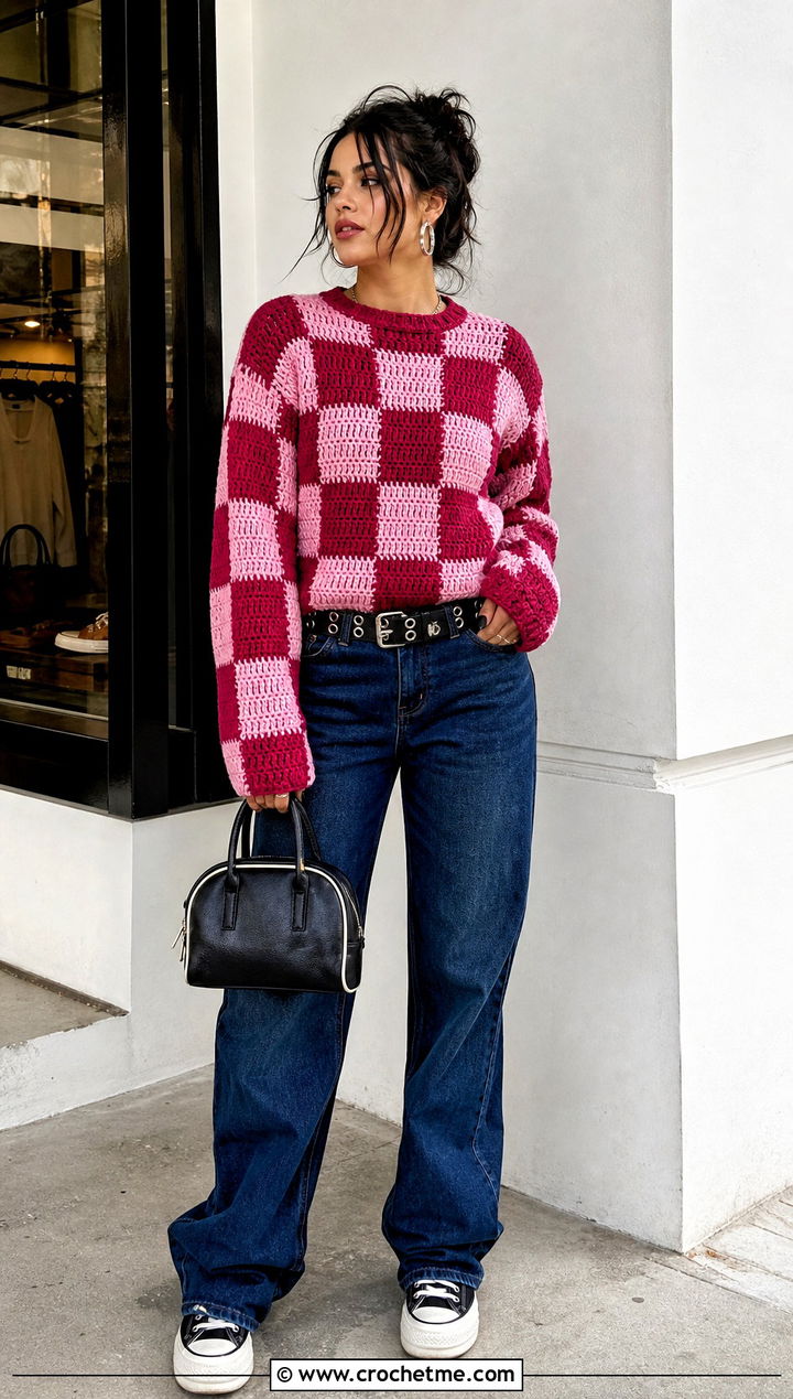 Checkerboard Crochet Sweater With Straight Leg Jeans - 25 alt crochet sweater outfit ideas