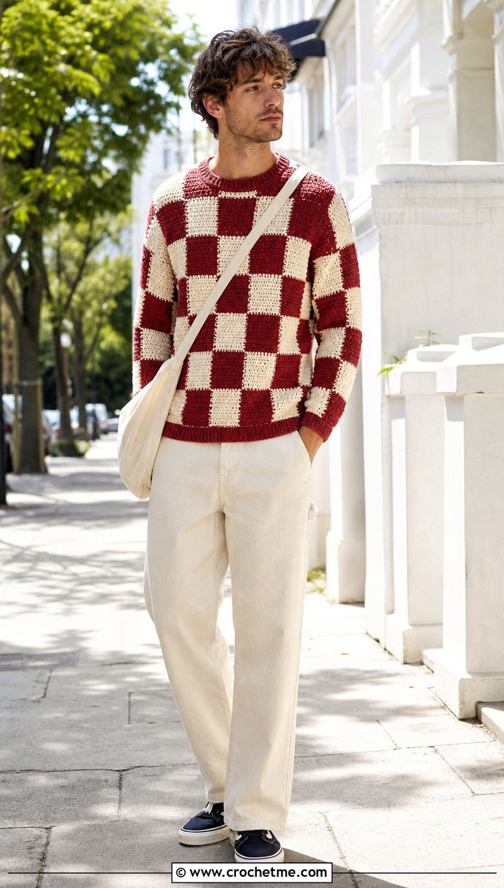 Checkerboard Crochet Sweater With White Jeans - 30 men's crochet sweater outfit ideas