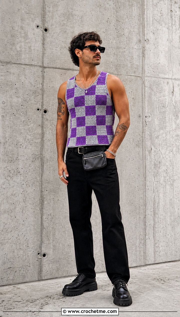 Checkerboard Crochet Tank Top With Black Denim - 30 Mens Crochet Tank Top outfit ideas
