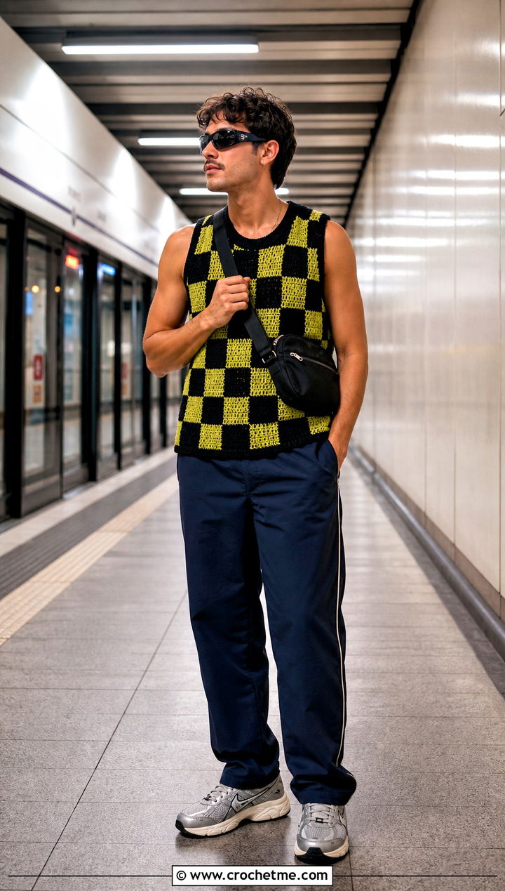 Checkerboard Crochet Tank Top With Track Pants - 25 crochet mens tank top outfit ideas