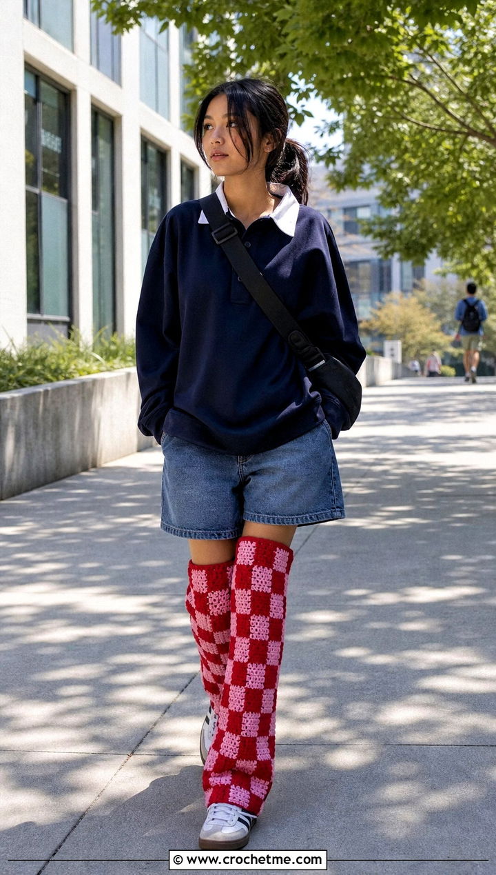 Checkerboard Crochet Thigh High Leg Warmers With Rugby Shirt - 25 Crochet Thigh High Leg Warmers outfit ideas