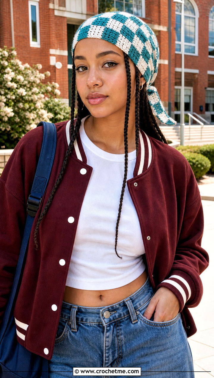 Checkerboard Crochet Tie Headband With Varsity Jacket - 35 crochet tie headband outfit ideas