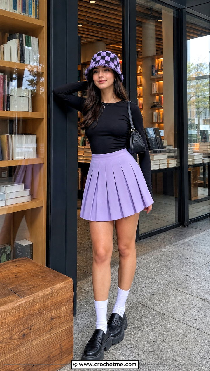 Checkerboard Crochet Top Hat With Skater Skirt - 35 crochet top hat outfit ideas