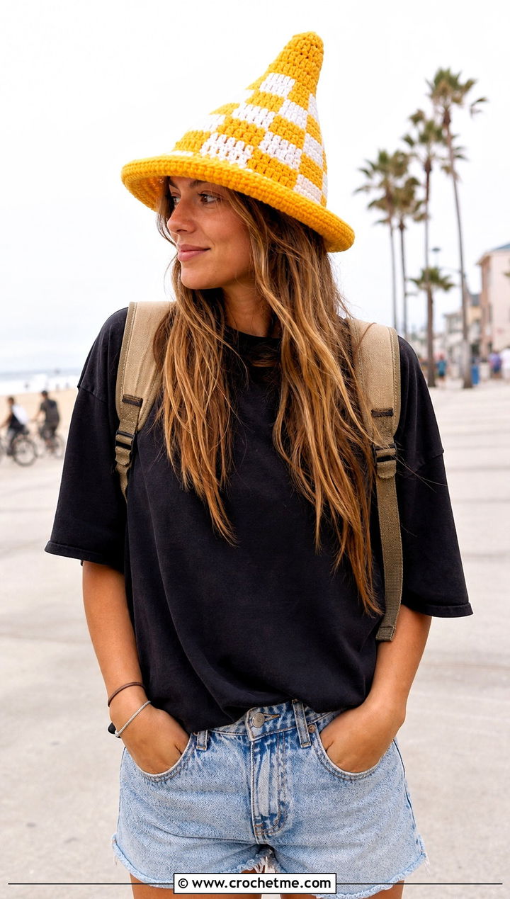 Checkerboard Crochet Traffic Cone Hat With Skater Outfit - 25 crochet traffic cone hat outfit ideas