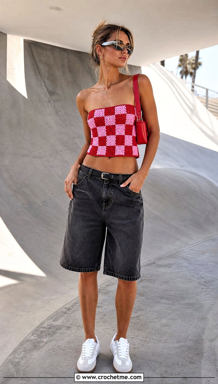 Checkerboard Crochet Tube Top With Denim Jorts - 25 Easy Crochet Tube Top outfit ideas