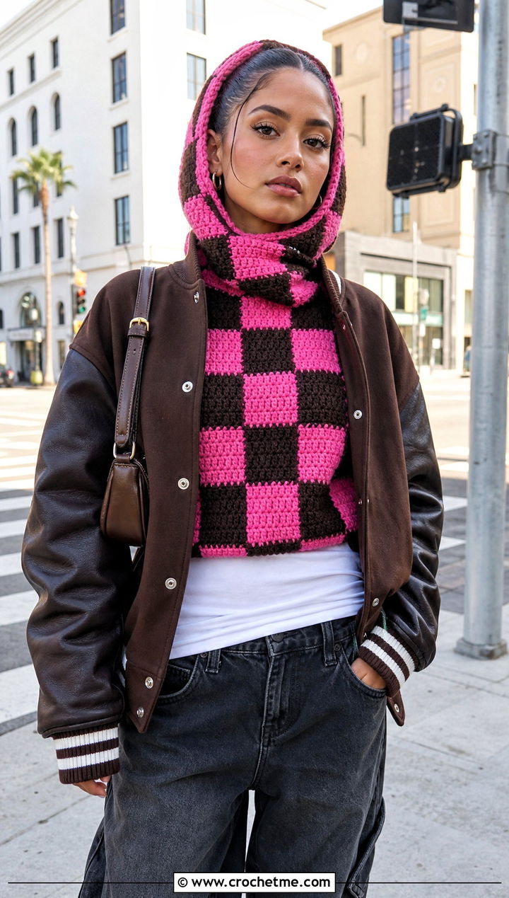 Checkerboard Crochet Turtle Neck Hoodie With Baggy Jeans - 30 crochet turtle neck hoodie outfit ideas