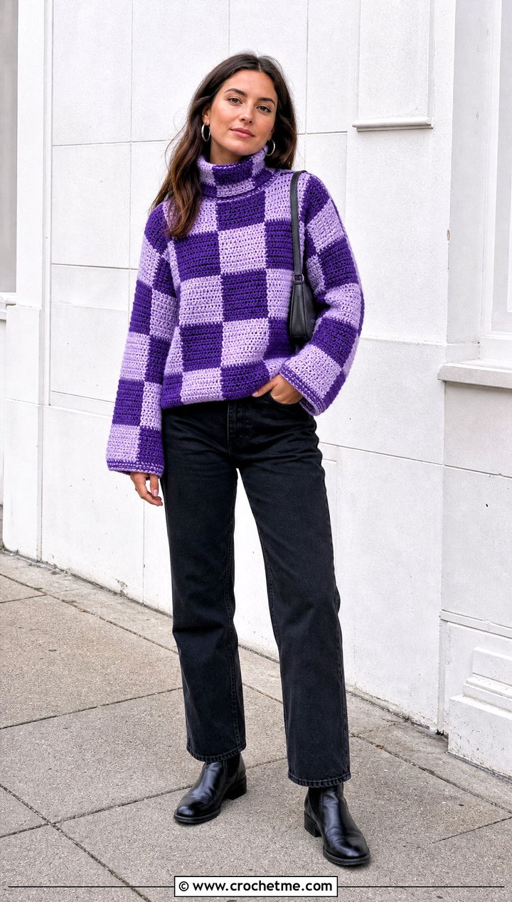 Checkerboard Crochet Turtle Neck Sweater With Black Jeans - 35 crochet turtle neck sweater outfit ideas