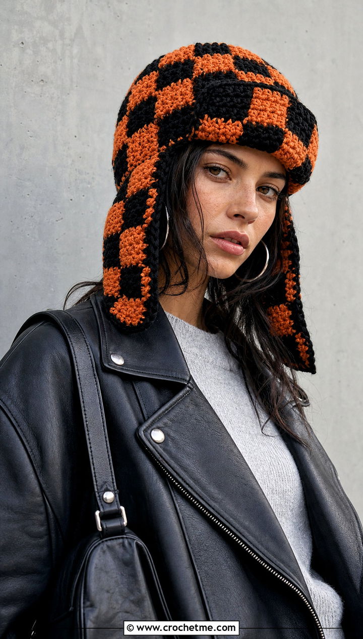 Checkerboard Crochet Ushanka Hat With Leather Jacket - 30 crochet ushanka hat outfit ideas