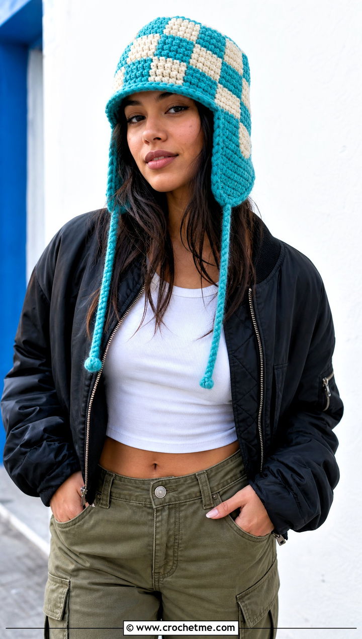 Checkerboard Crochet Ushanka With Bomber Jacket - 35 crochet russian hat outfit ideas