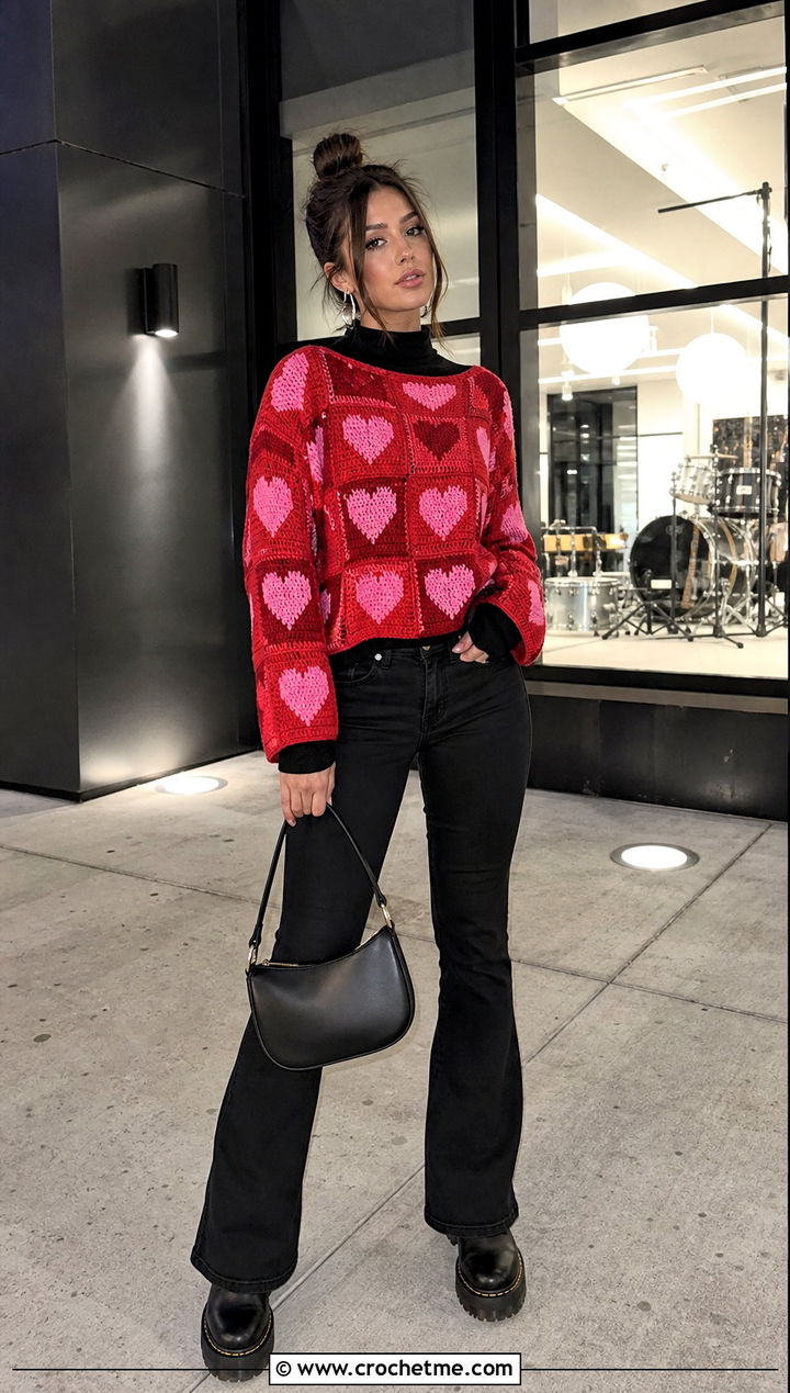 Checkerboard Crochet Valentine Sweater With Black Jeans - 25 crochet valentine sweater outfit ideas