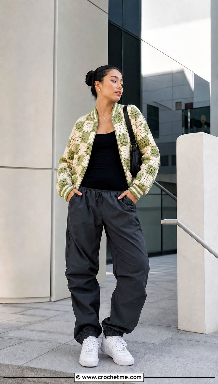 Checkerboard Crochet Varsity Jacket With Parachute Pants - 35 crochet varsity jacket outfit ideas