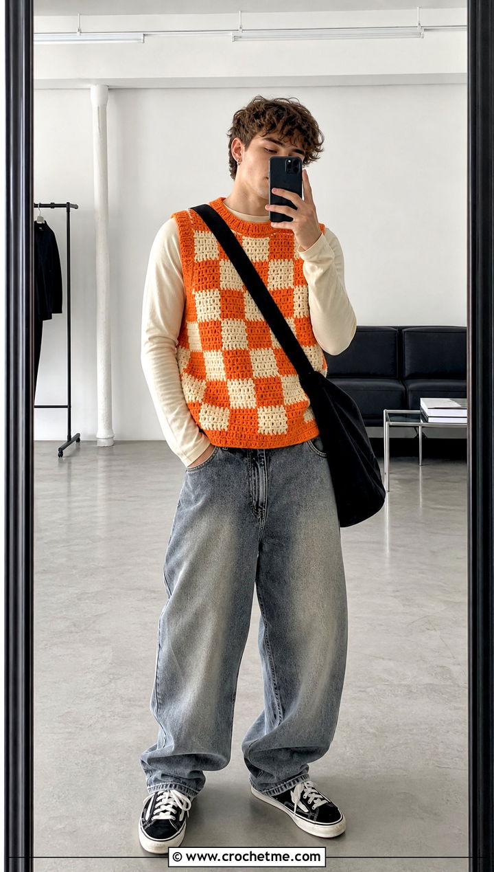 Checkerboard Crochet Vest With Baggy Jeans - 30 men's crochet vest outfit ideas