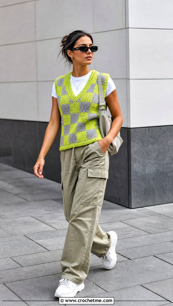 Checkerboard Crochet Vest With Cargo Pants - 35 diy crochet vest outfit ideas