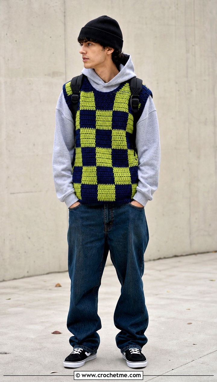 Checkerboard Crochet Vest With Hoodie And Loose Jeans - 30 mens crochet vest outfit ideas