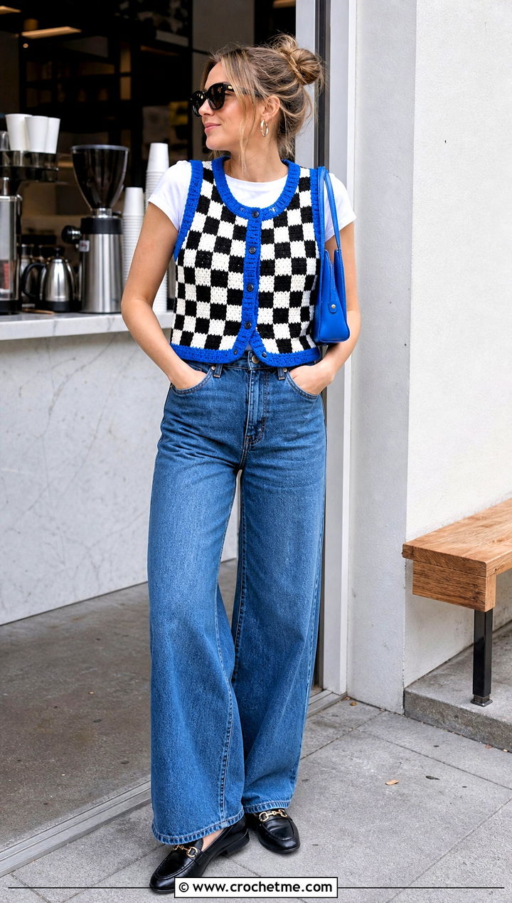 Checkerboard Crochet Vest With Wide Leg Jeans - 30 black and white crochet vest outfit ideas