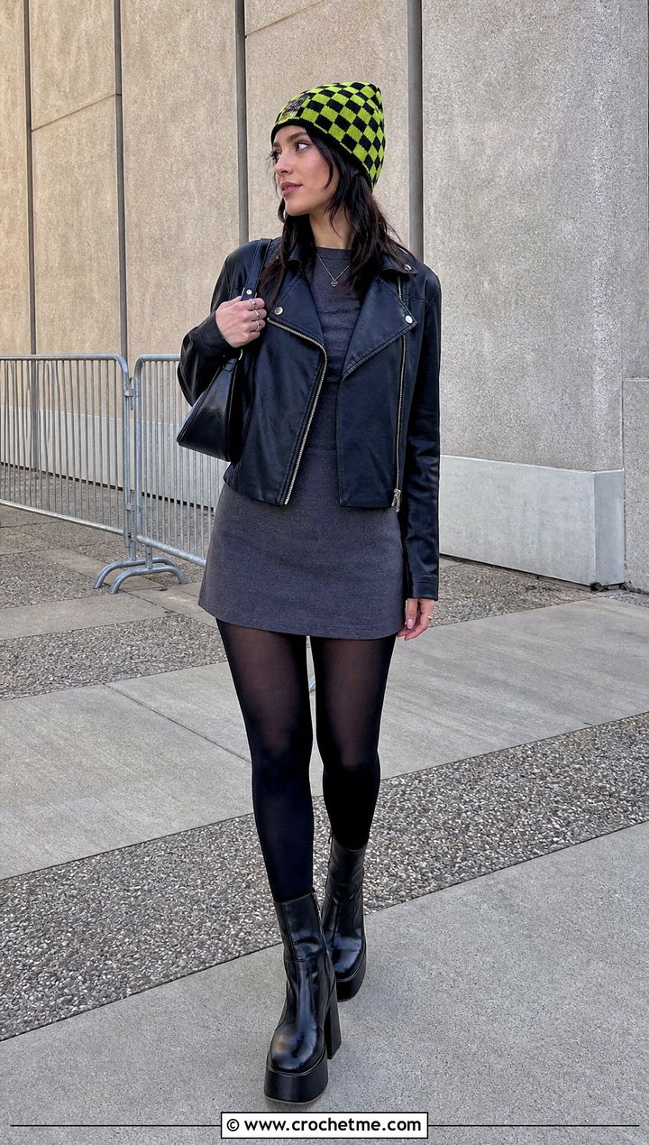 Checkerboard Crocheted Beanie With Moto Jacket And Mini Dress - 35 crocheted beanie outfit ideas