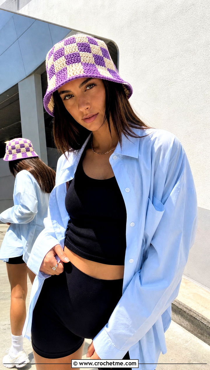 Checkerboard Double Crochet Bucket Hat With Oversized Shirt And Bike Shorts - 25 Double Crochet Bucket Hat outfit ideas