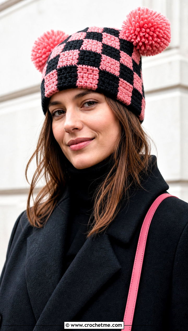 Checkerboard Double Pompom Crochet Hat With Monochrome Outfit - 25 Double Pompom Crochet Hat outfit ideas