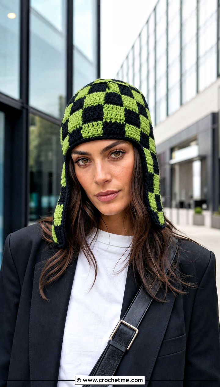 Checkerboard Ear Flap Beanie With Blazer - 30 crochet ear flap beanie outfit ideas