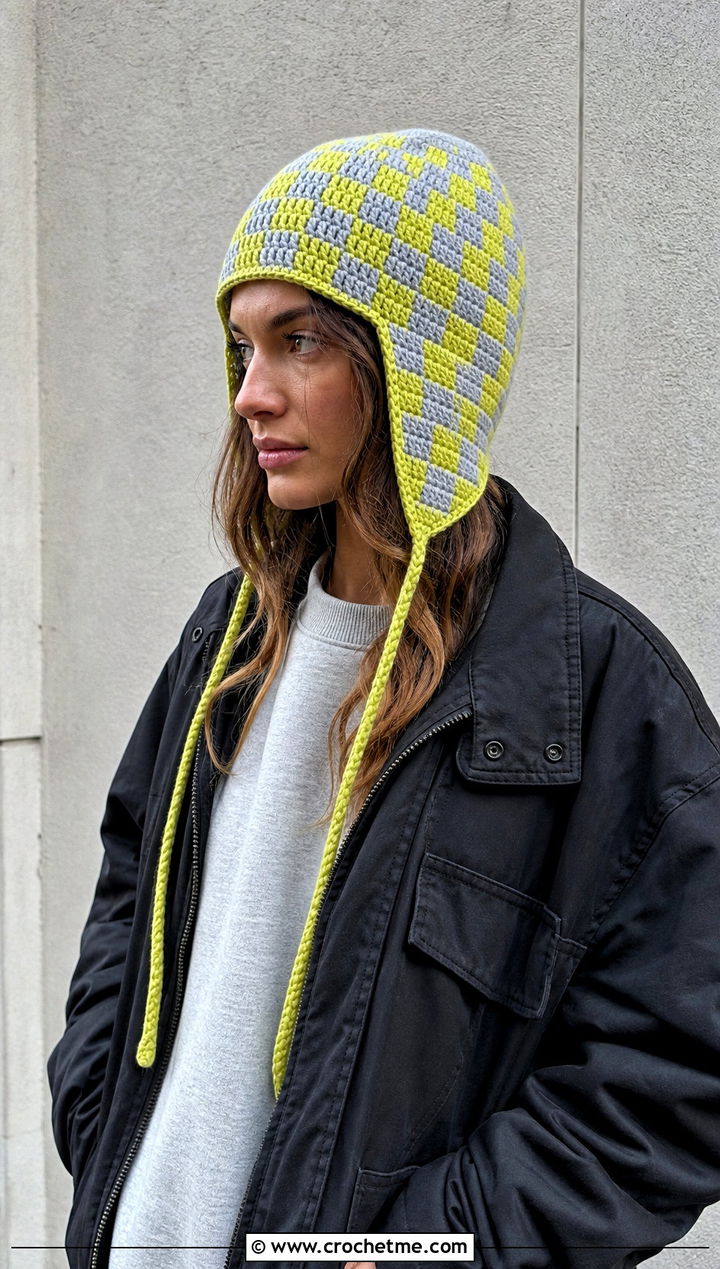 Checkerboard Ear Flap Hat With Utility Jacket - 25 crochet ear flap hat outfit ideas
