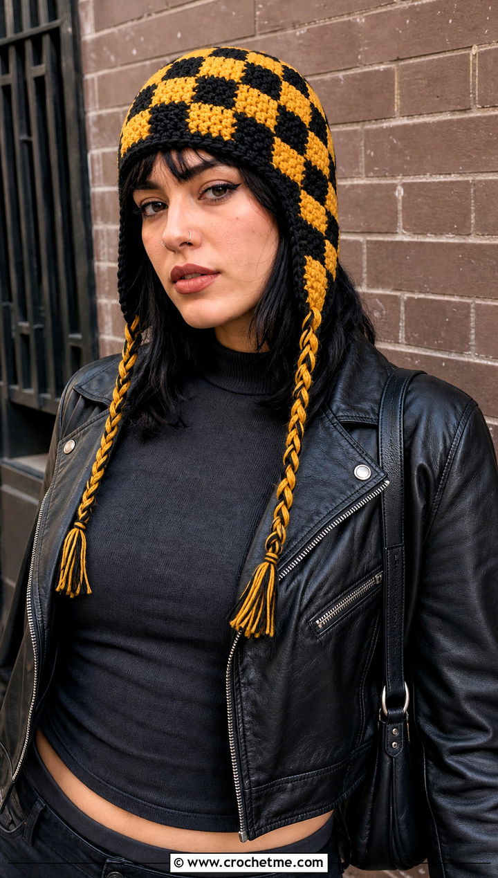 Checkerboard Earflap Crochet Beanie With Biker Jacket - 25 Earflap Crochet Beanie outfit ideas